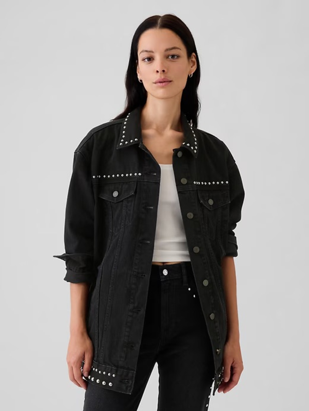GAP Black Studded Oversized Icon Denim Jacket XSP